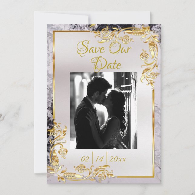 Save The Date Marble & White, Gold Frame, Gold Heart (Devant)