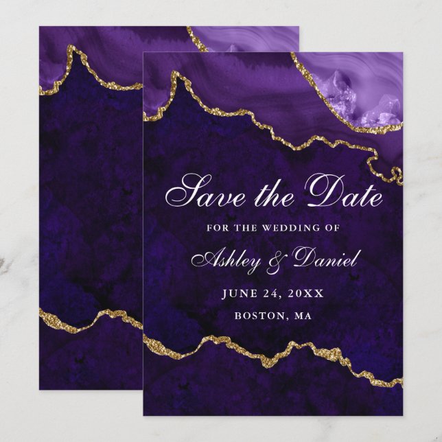 Save The Date Marbre Agate Géode Violet Or Aquarelle (Devant / Derrière)