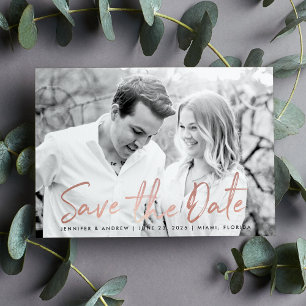 Save The Date Marbre blanc moderne Rose Gold Script Photo