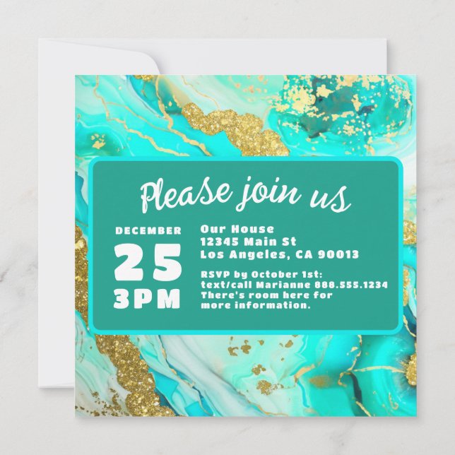 Save The Date Marbre bleu turquoise Vert Mariage or Faux (Dos)