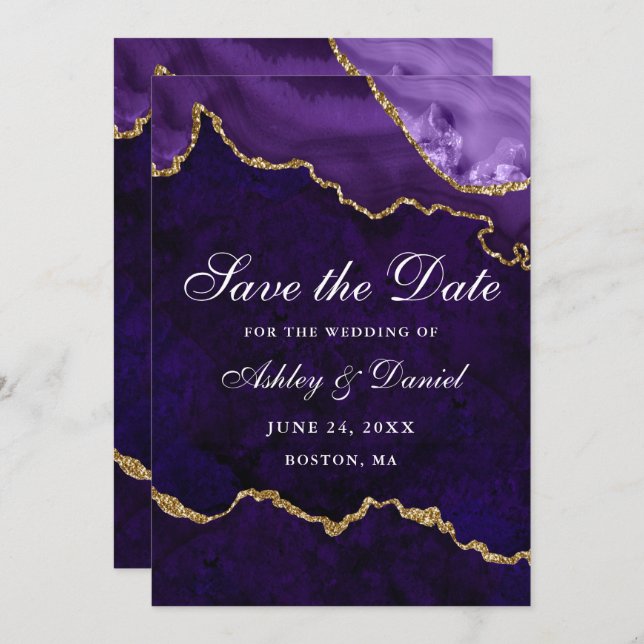 Save The Date Marbre de géode d'agate aquarelle violet or (Devant / Derrière)