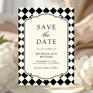 Save The Date Mariage à carreaux noir et ivoire à l'ancienne