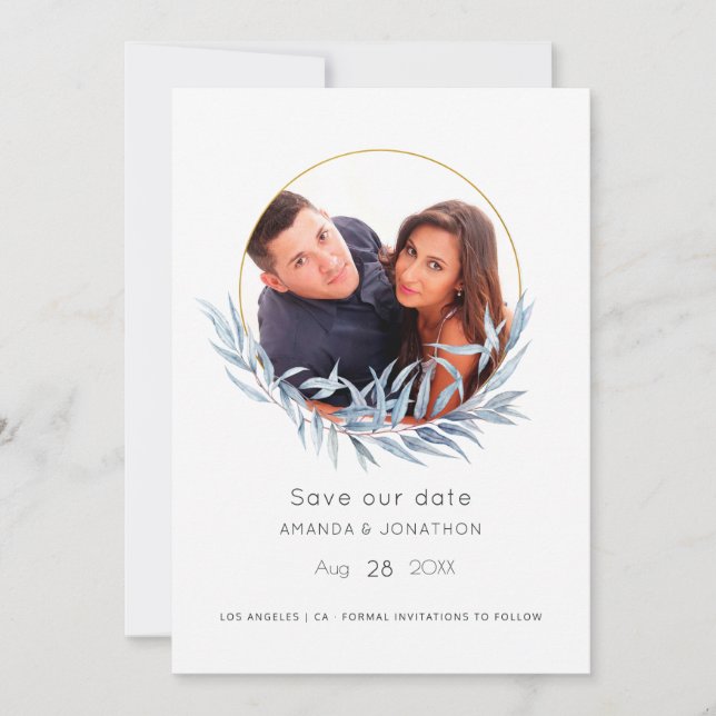 Save The Date Mariage à feuilles de eucalyptus géométrique bleu  (Devant)