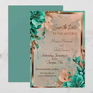 Save The Date mariage à fleurs turquoise et cuivre