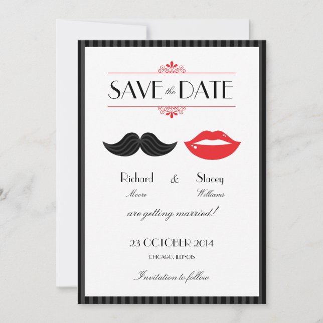 Save The Date Mariage à la Moustache & Lèvres Rouges, Noires & B (Devant)