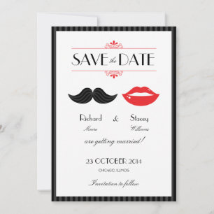 Save The Date Mariage à la Moustache & Lèvres Rouges, Noires & B