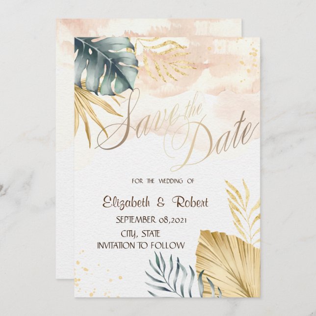 Save The Date Mariage à la plage avec feuilles de palmier - Enre (Devant / Derrière)