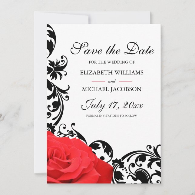Save The Date Mariage à la Rose Rouge et au Fleuri Noir (Devant)