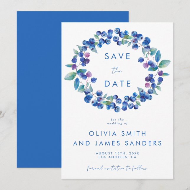 Save The Date Mariage à l'aquarelle Bleu Myrtille (Devant / Derrière)