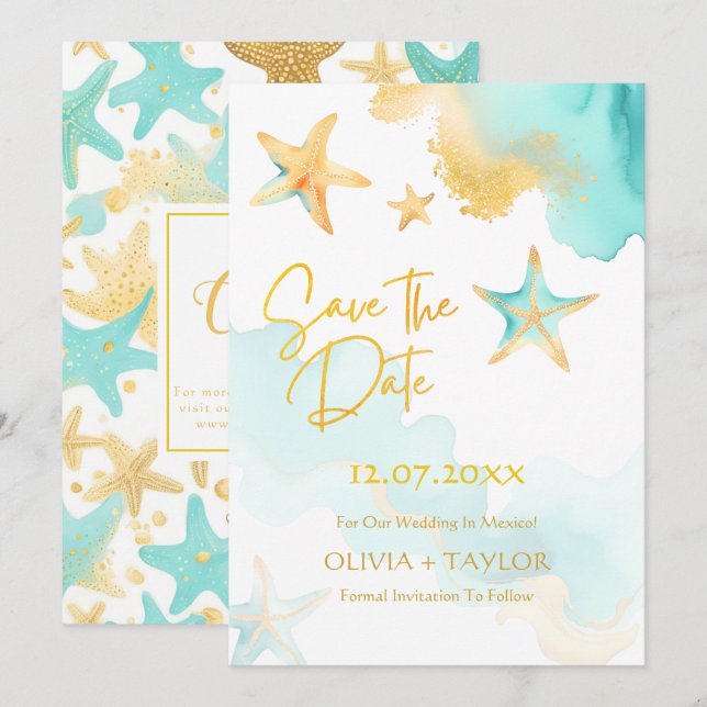 Save The Date Mariage à l'aquarelle bleu turquoise et or avec ét (Devant / Derrière)
