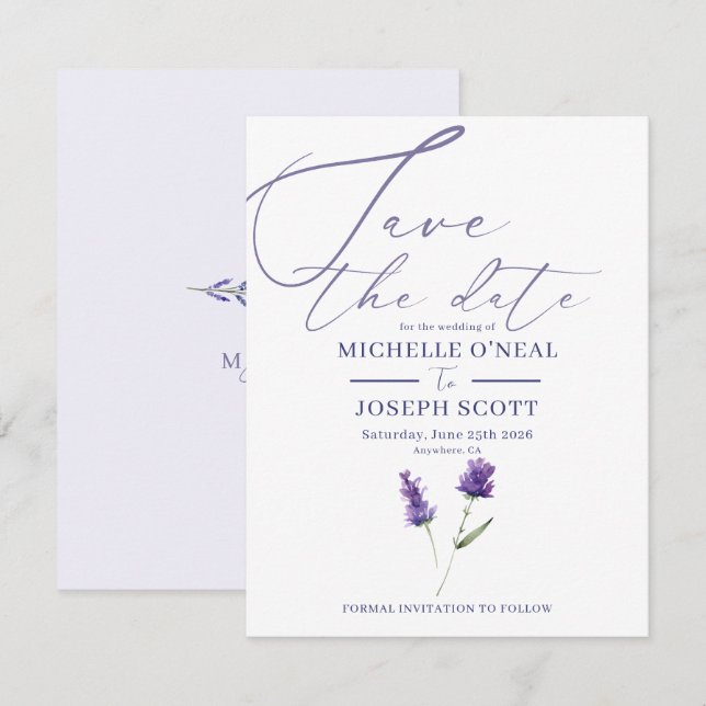 Save The Date Mariage à l'aquarelle Élégant Lavande Bliss (Devant / Derrière)