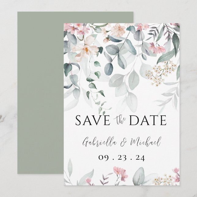 Save The Date Mariage à l'aquarelle rose et verdure (Devant / Derrière)