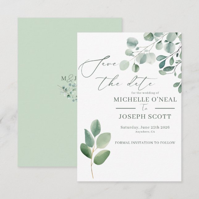 Save The Date Mariage à l'aquarelle vert sauge eucalyptus (Devant / Derrière)
