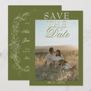 Save The Date Mariage à l'argent ancien avec photo vintage vert