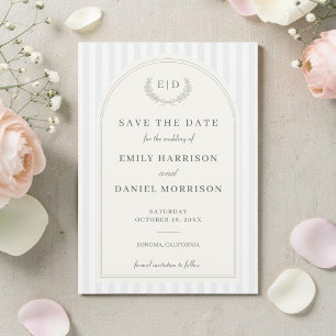 Save The Date Mariage à monogramme rayé bleu et vert sauge