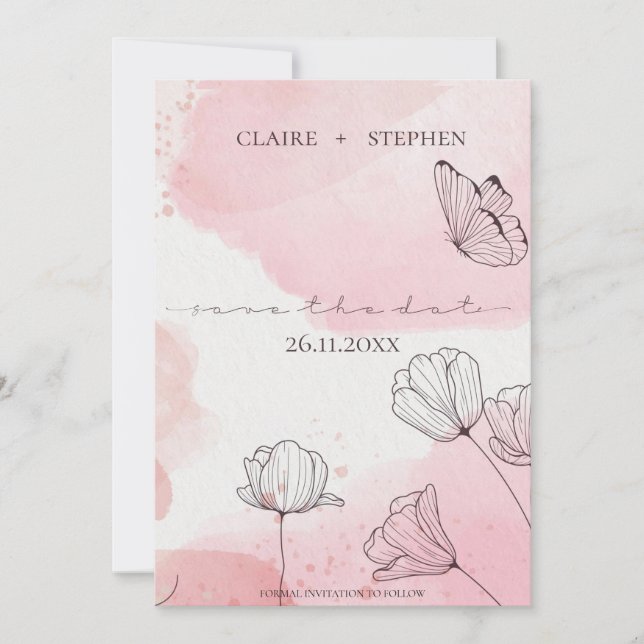 Save The Date Mariage à papillon rose pâle de la ligne Aquarelle (Devant)