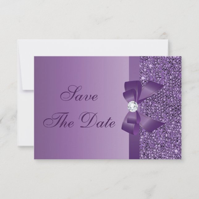 Save The Date Mariage à sequins imprimés violets Enregistrez la  (Devant)