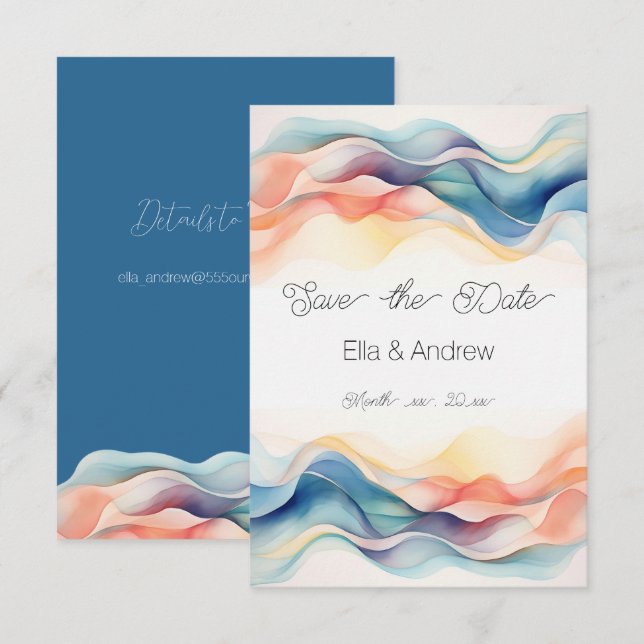 Save The Date Mariage Abstrait Moderne Vague de Couleur Bleue (Devant / Derrière)