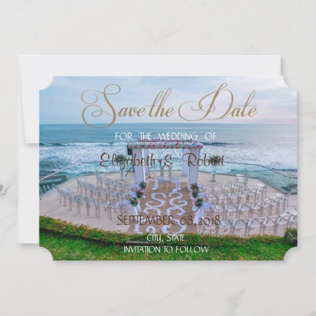Save The Date Mariage Adorable à la Plage, Arche Fleurie Enregis (Devant)