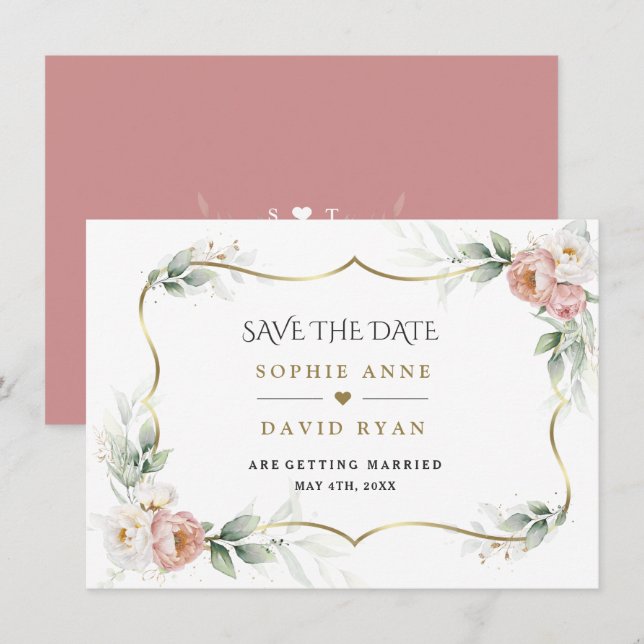 Save The Date Mariage aérien floral rose poudré blanc et verdure (Devant / Derrière)