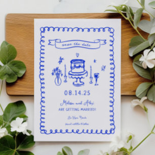 Save The Date Mariage Amusant Bleu Français Dessiné à la Main