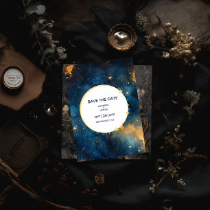 Save The Date Mariage Aquarelle Bleu et Or de Minuit Mystique