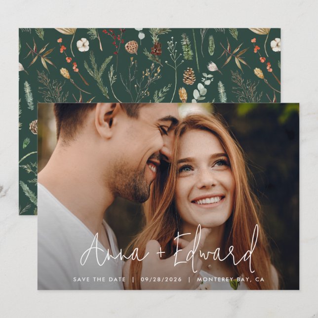 Save The Date Mariage aquarelle botanique vert moderne photo (Devant / Derrière)
