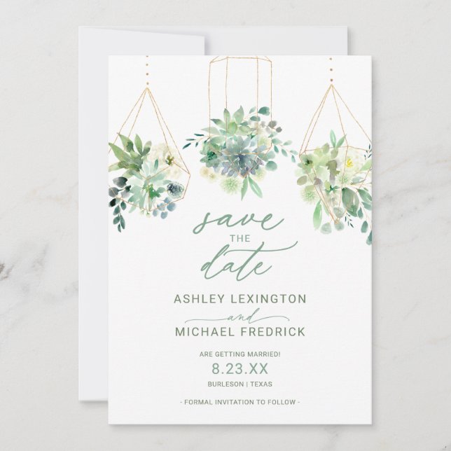 Save The Date Mariage Aquarelle de Succulentes et de Feuillage B (Devant)
