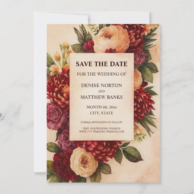 Save The Date Mariage aquarelle florale bordeaux rosé (Dos)
