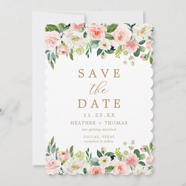 Save The Date Mariage Aquarelle Florale Or Élégant Rose (Devant)