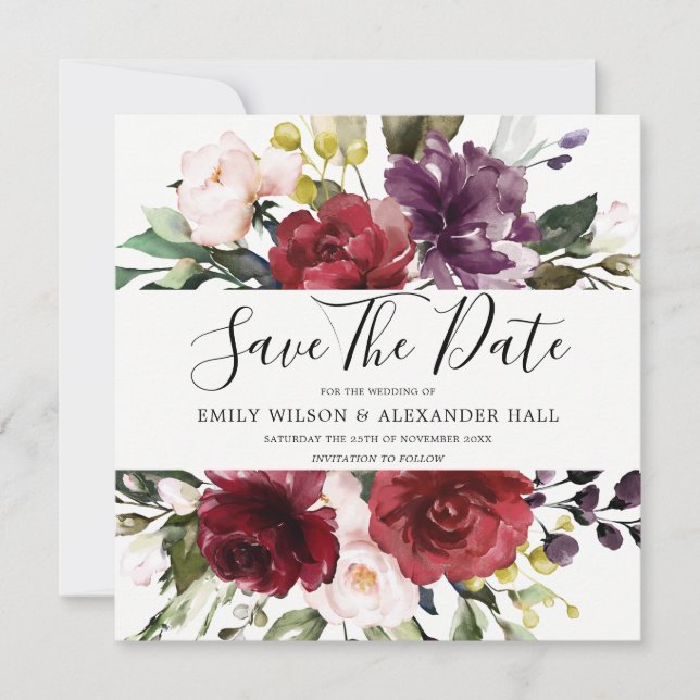 Save The Date Mariage Aquarelle Florale Rouge Bourgogne (Devant)