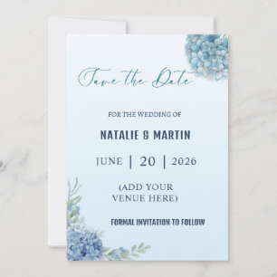 Save The Date Mariage aquarelle romantique aux hortensias bleu p