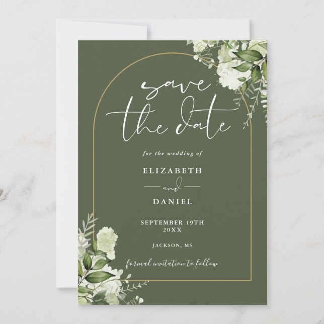 Save The Date Mariage Arche Florale Vert Olive Doré (Devant)