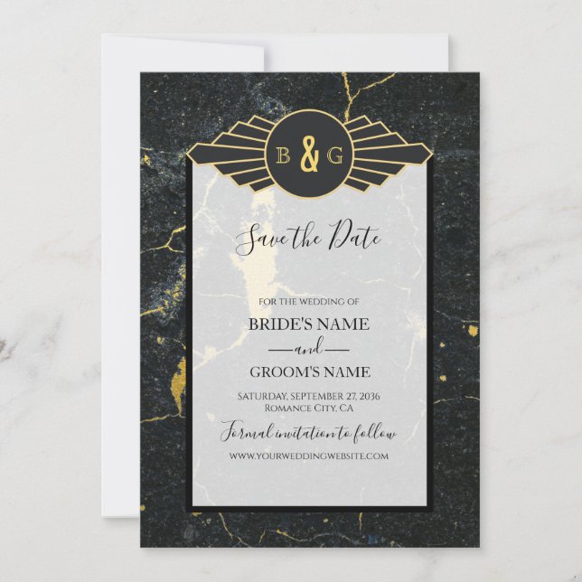 Save The Date Mariage Art déco en marbre d'or noir (Devant)