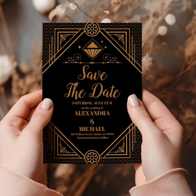 Save The Date Mariage Art Déco Géométrique Elégant Or Noir (Créateur téléchargé)