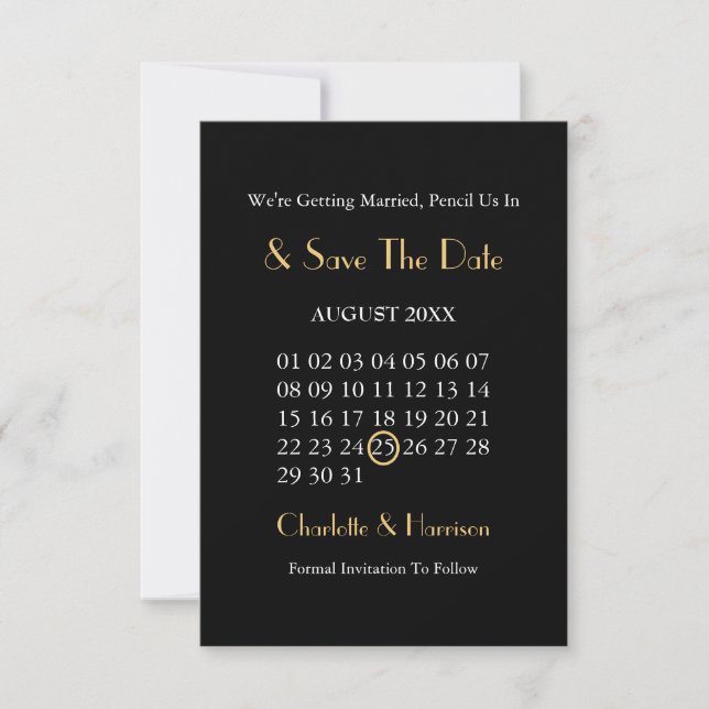 Save The Date Mariage Art Déco Noir et Or Élégant (Devant)