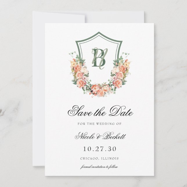 Save The Date Mariage au blason floral pêche (Devant)