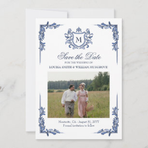 Save The Date Mariage au Blason Vintage Bleu Monogramme