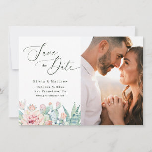 Save The Date Mariage au cactus à l'aquarelle Photo florale bo