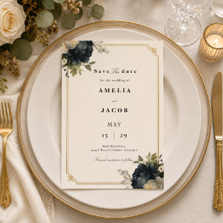 Save The Date Mariage au pivoine bleu royal avec cadre doré