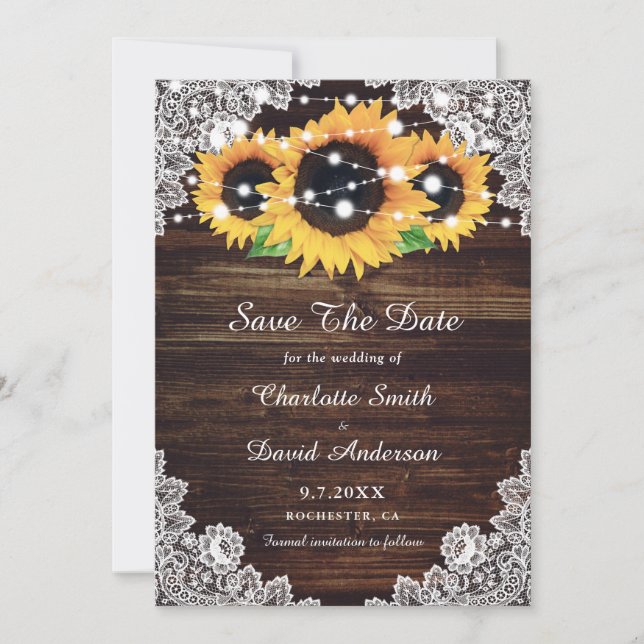 Save The Date Mariage au tournesol en bois rustique (Devant)
