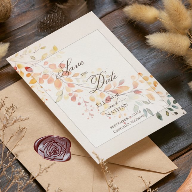 Save The Date Mariage Automne Feuilles Aquarelle Bohème Moderne (Créateur téléchargé)