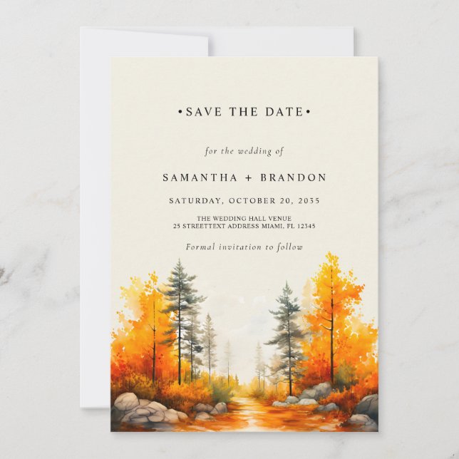 Save The Date Mariage aux couleurs d'automne de la forêt (Devant)