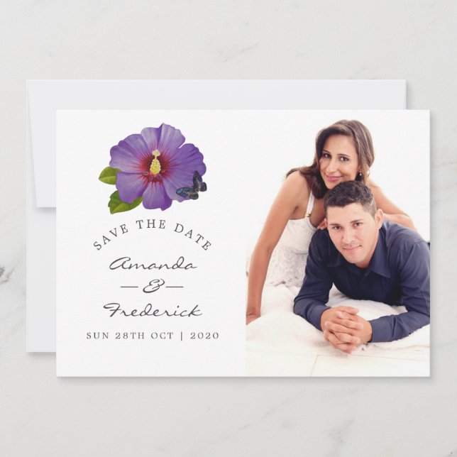 Save The Date Mariage aux fleurs d'Hibiscus ultra violet Enregis (Devant)