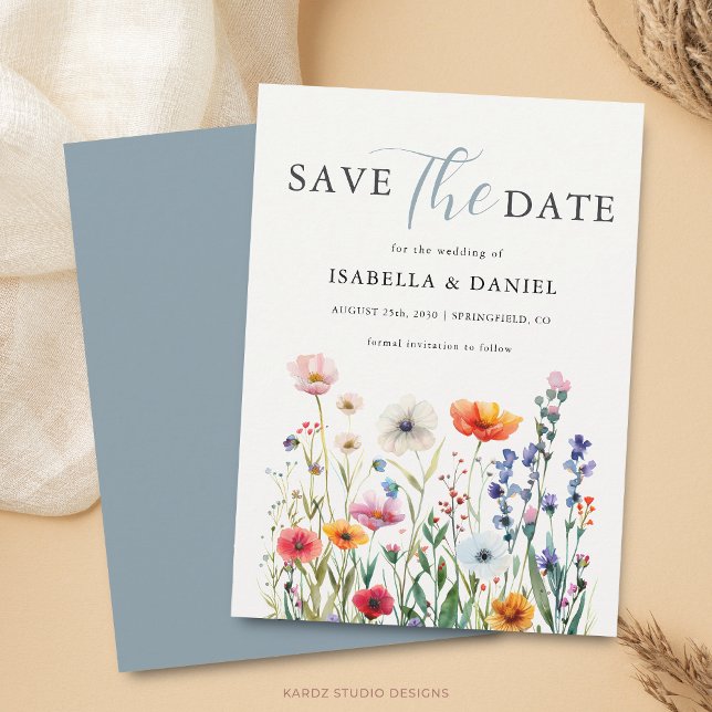 Save The Date Mariage aux fleurs sauvages bleu poussiéreux (Card is shown in 4.5 x 6.25 inches with square corners. Choose size, corner and paper style.)