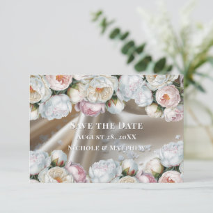 Save The Date Mariage aux Roses et Pivoines en Satin Blanc