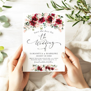 Save The Date Mariage aux Roses Romantiques Aquarelle Rouge Bour