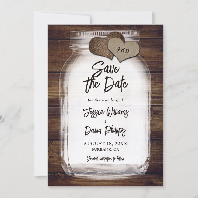 Save The Date Mariage avec Monogramme de Cœurs en Toile de Jute  (Devant)