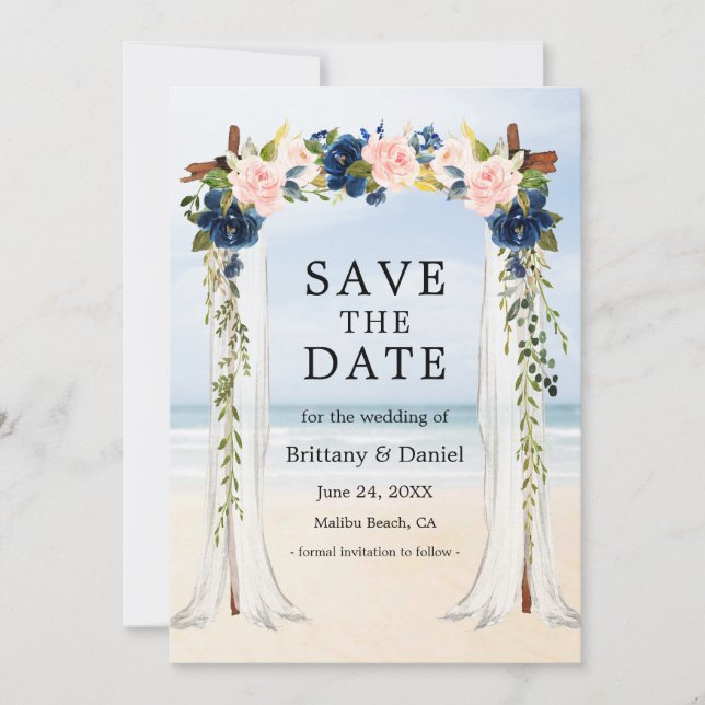 Save The Date Mariage Beach Canopy Aquarelle bleu rose Floral (Devant)