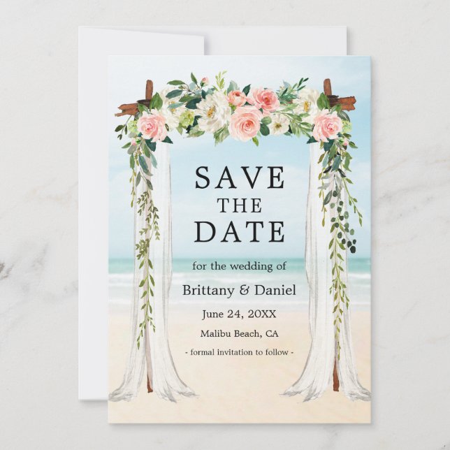 Save The Date Mariage Beach Canopy Aquarelle rose Blanc Floral (Devant)